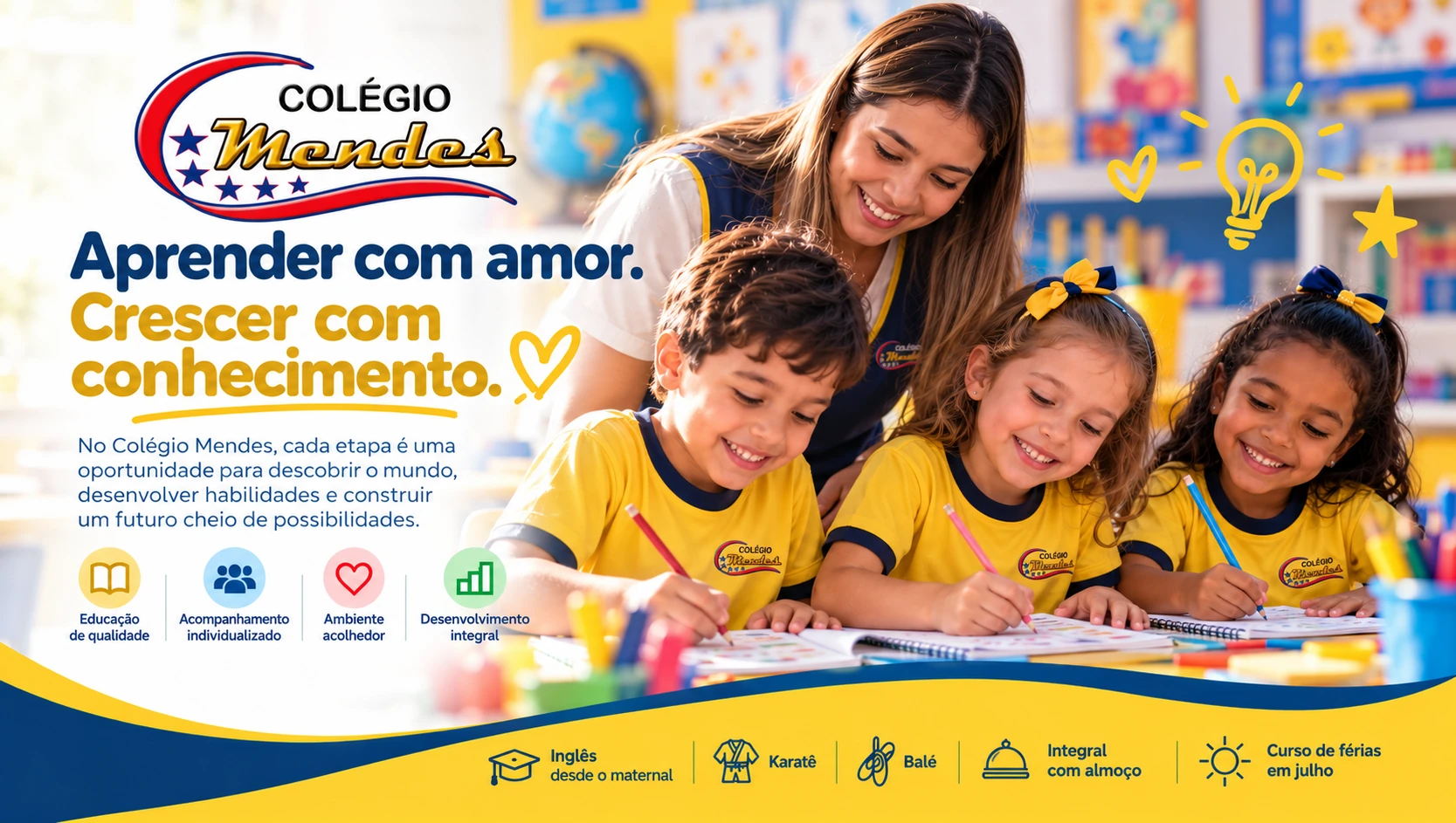 Imagem gerada por IA: professora acompanhando crianças em atividades de leitura e escrita.