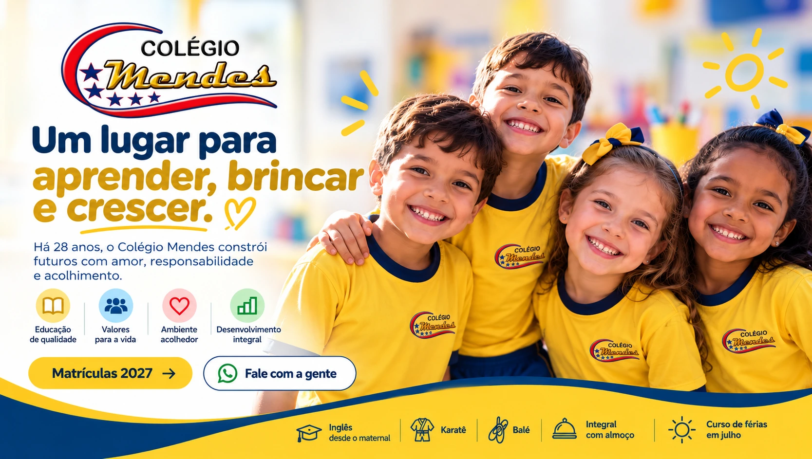 Ilustração criada por IA: crianças fictícias com uniformes amarelos, com as informações de matrícula e as atividades do Colégio Mendes.