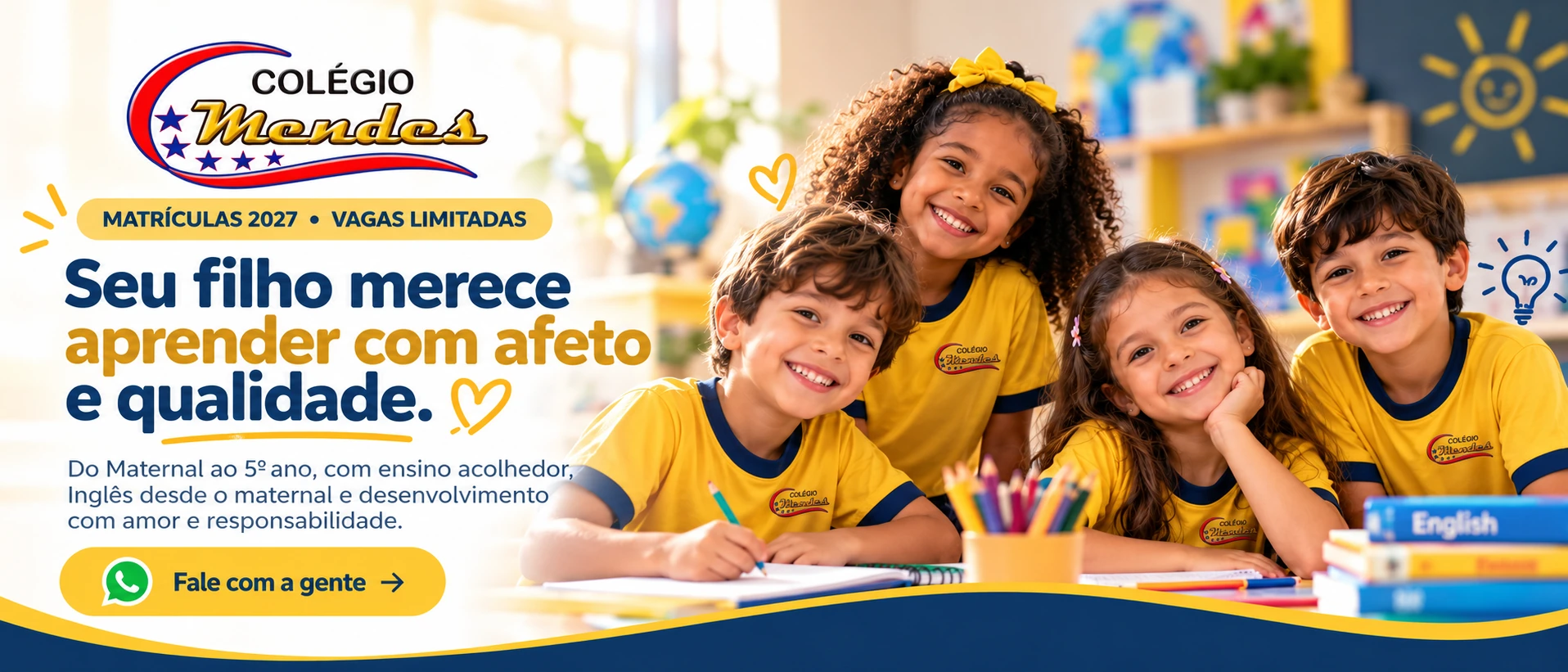 Banner ilustrativo gerado por IA: crianças fictícias estudando, com informações de Matrículas 2027 e chamada para atendimento.