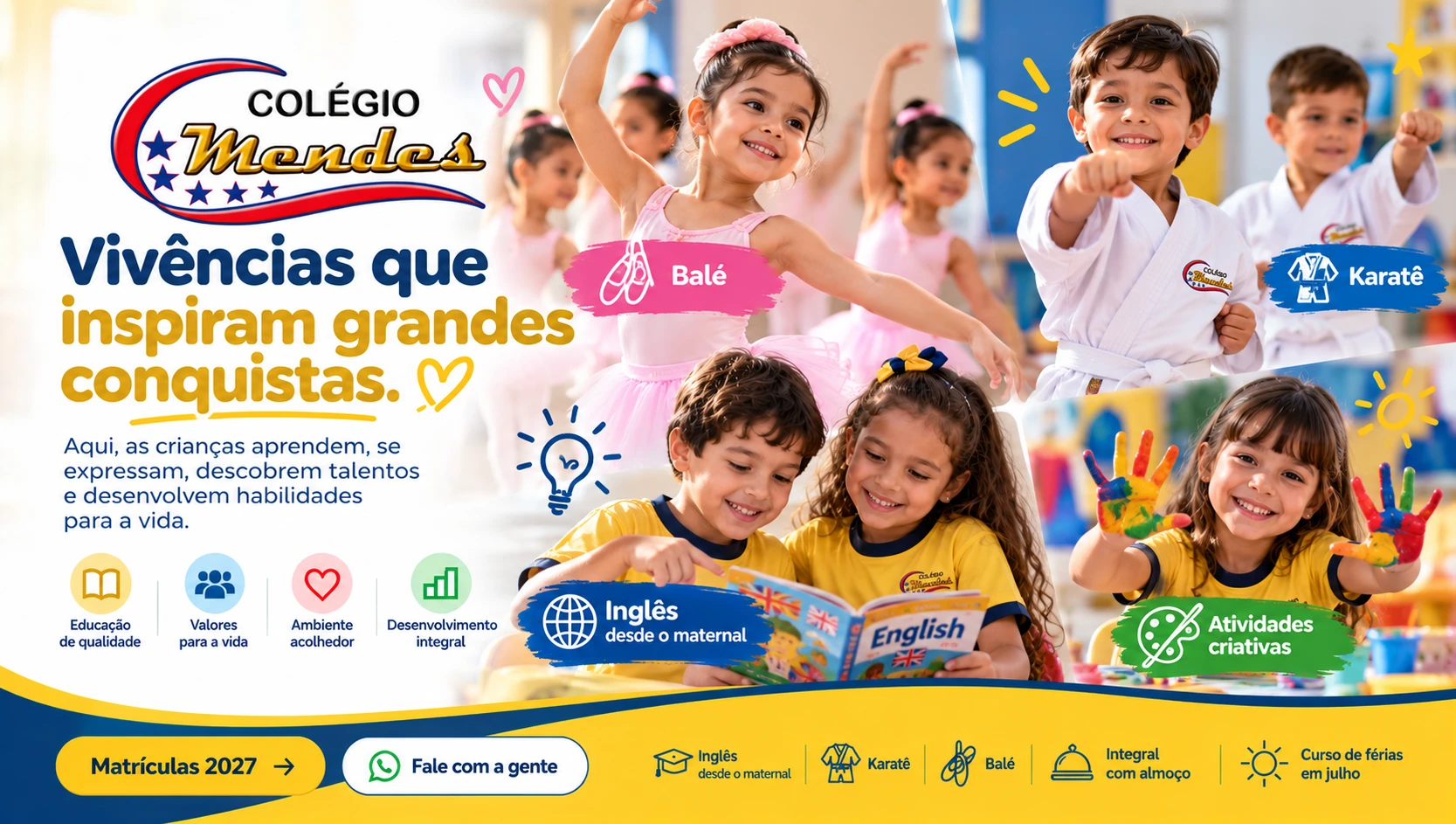 Banner gerado por IA mostrando crianças fictícias em aulas de balé, karatê, inglês e atividades criativas.